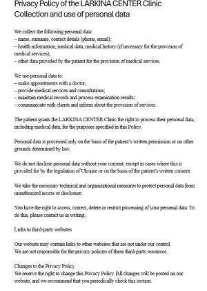 Privacy Policy of the LARKINA CENTER Clinic - Collection and use of personal data
